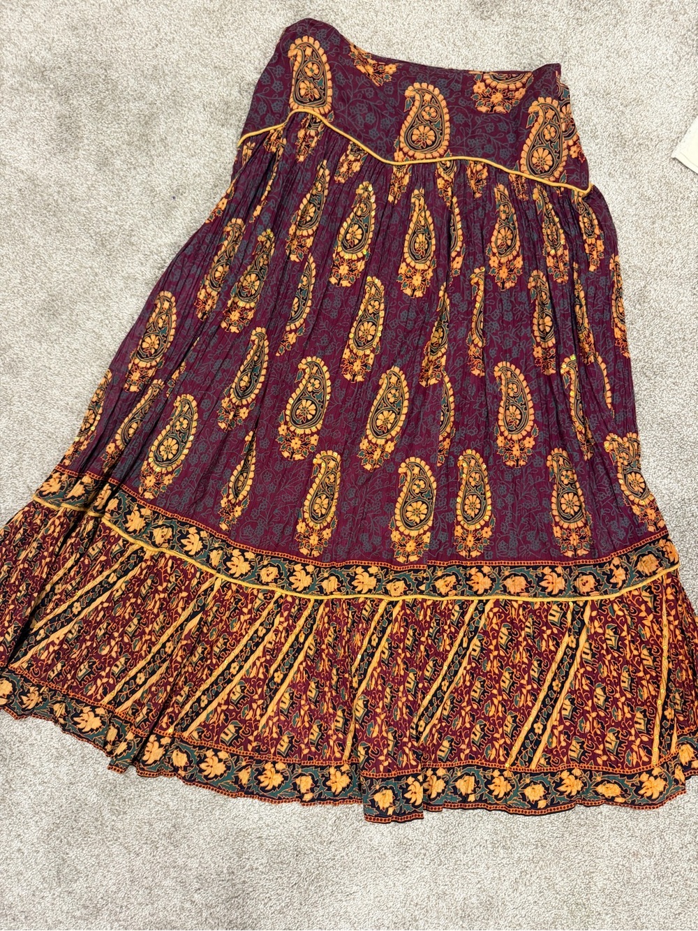 Cotton Express Burgundy and Mustard Paisley Tiered Boho Maxi Skirt